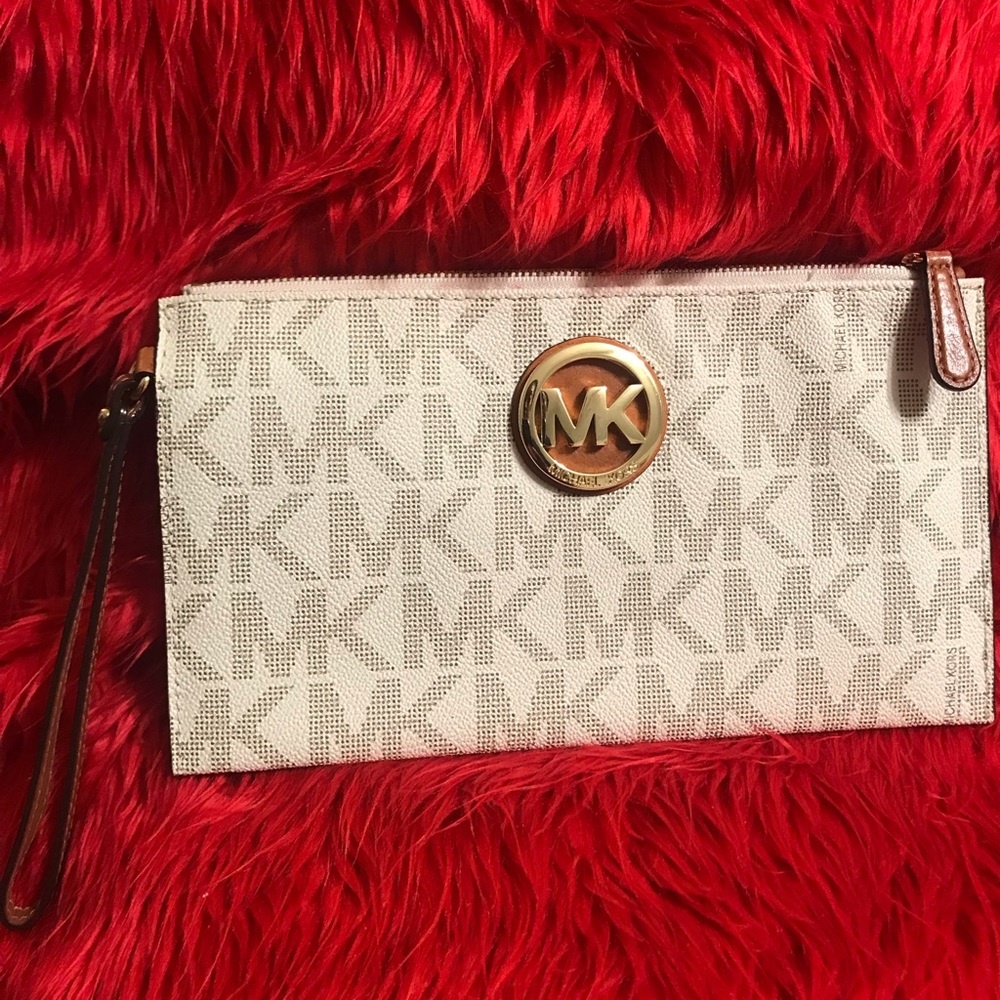 White and Brown MK Logo Clutch